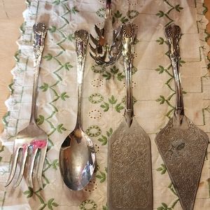 Vintage Silver Plate Etched 5 Pc Serving Set Big Estate Find